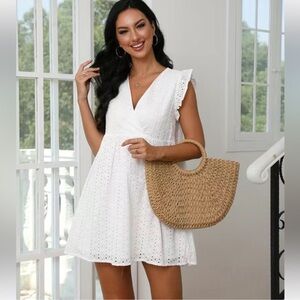 Elegant Ruffle Sleeves White Eyelet Dress XLarge NWT!!